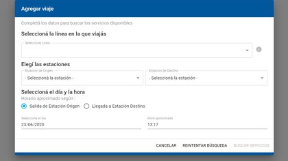 Luego se selecciona la línea en la que se viajará, las estaciones y el horario